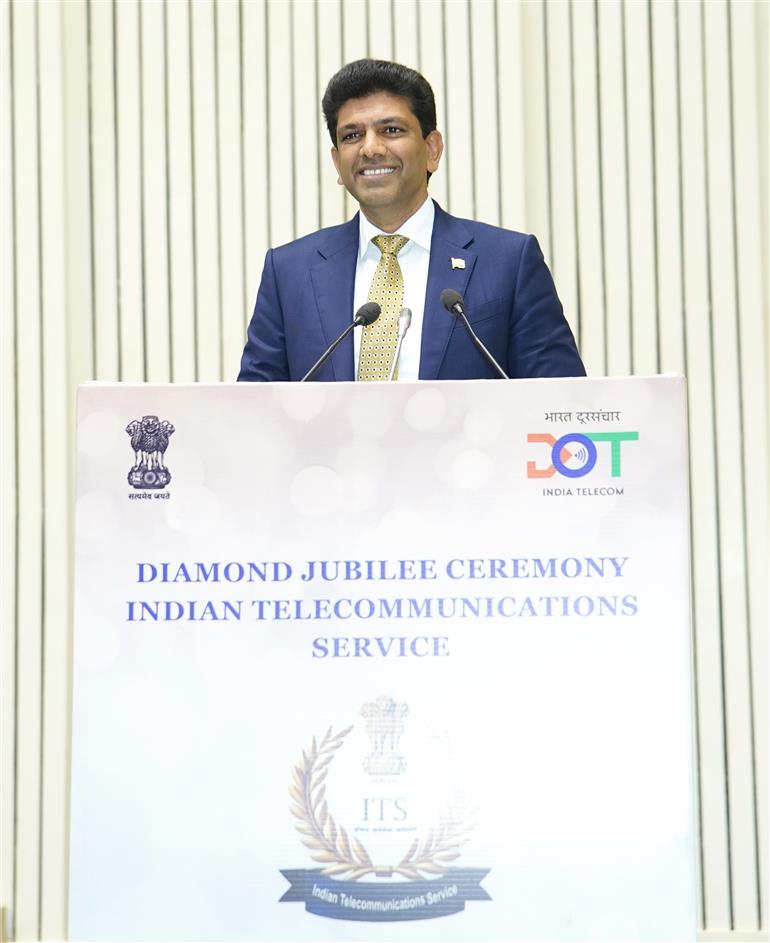 The Minister of State for Rural Development and Communications, Dr. Chandra Sekhar Pemmasani addressing the 60th Foundation Year - Diamond Jubilee Ceremony of the Indian Telecommunications Service (ITS) at Vigyan Bhawan, in New Delhi on November 14, 2025.