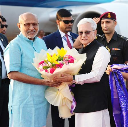 The Vice-President Shri C. P. Radhakrishnan arrived on his maiden visit to Telangana and was warmly welcomed by the Governor of Telangana, Shri Jishnu Dev Varma, the Chief Minister of Telangana, Shri A. Revanth Reddy, the Union Minister of State for Home Affairs, Shri Bandi Sanjay Kumar and other dignitaries, in Hyderabad on November 16, 2025.
