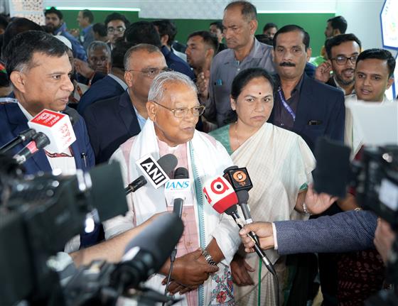 The Union Minister of Micro, Small and Medium Enterprises (MSME), Shri Jitan Ram Manjhi interacting with media at the inauguration of MSME, KVIC, COIR and NSSH Pavilions at the 44th India International Trade Fair, in New Delhi on November 17, 2025.