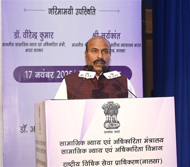 The Union Minister for Social Justice and Empowerment, Dr. Virendra Kumar addressing the Special Session on the Maintenance and Welfare of Parents & Senior Citizens (MWPSC) Act, 2007 at Dr. Ambedkar International Centre in New Delhi on November 17, 2025.