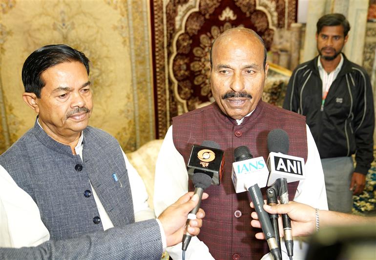 The Union Minister for Social Justice and Empowerment, Dr. Virendra Kumar interacting with media at the inauguration of the stalls operated by the Ministry of Social Justice and Empowerment at the 44th India International Trade Fair (IITF-2025) at Bharat Mandapam, in New Delhi on November 17, 2025.