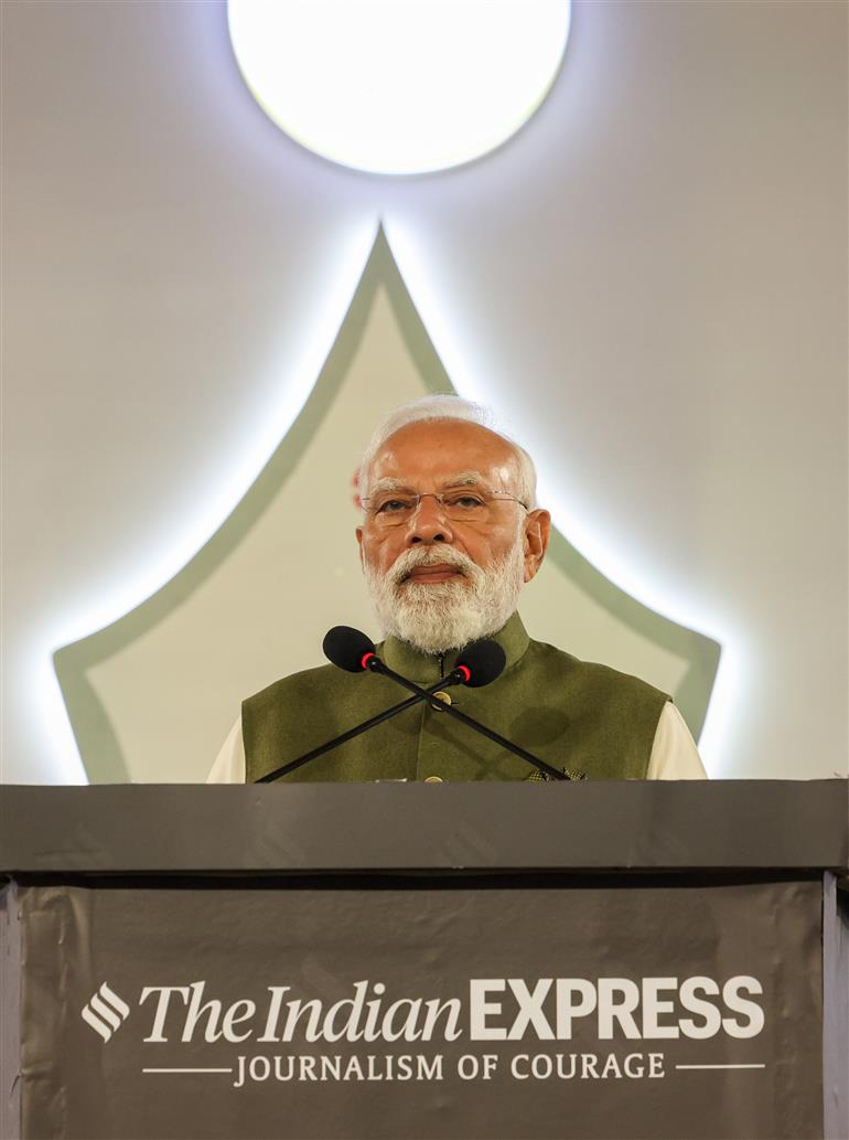PM addressing the gathering at the 6th Ramnath Goenka Lecture, in New Delhi on November 17, 2025.