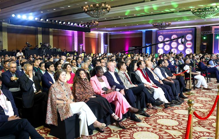 Gathering at the 6th Ramnath Goenka Lecture, in New Delhi on November 17, 2025. PM addressing on the occasion.