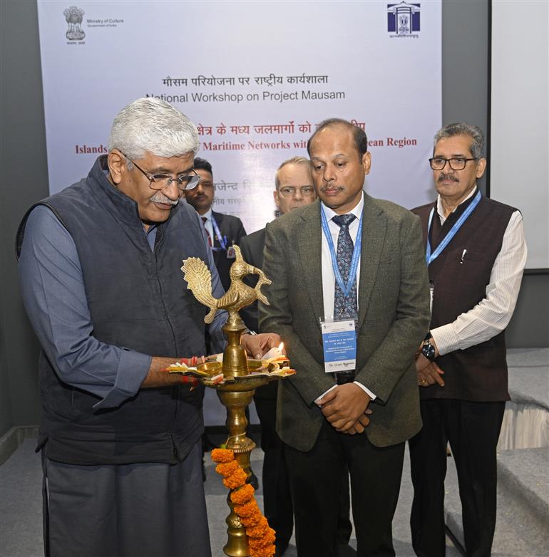 The Union Minister of Culture and Tourism, Shri Gajendra Singh Shekhawat lighting the lamp at the inauguration of National Workshop on Project Mausam – “Islands at the Crossroads of Maritime Networks within Indian Ocean Region’” organized by the Archaeological Survey of India (ASI) at World Heritage Site Museum, in New Delhi on November 18, 2025.