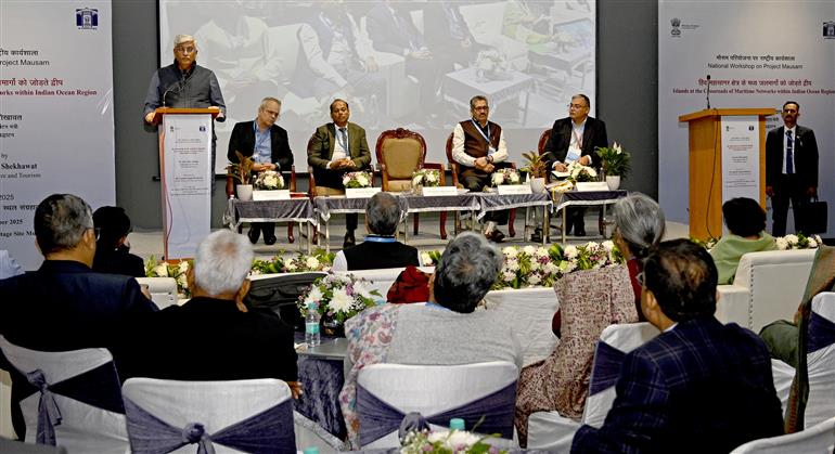 The Union Minister of Culture and Tourism, Shri Gajendra Singh Shekhawat addressing the gathering at the inauguration of National Workshop on Project Mausam – “Islands at the Crossroads of Maritime Networks within Indian Ocean Region’” organized by the Archaeological Survey of India (ASI) at World Heritage Site Museum, in New Delhi on November 18, 2025.