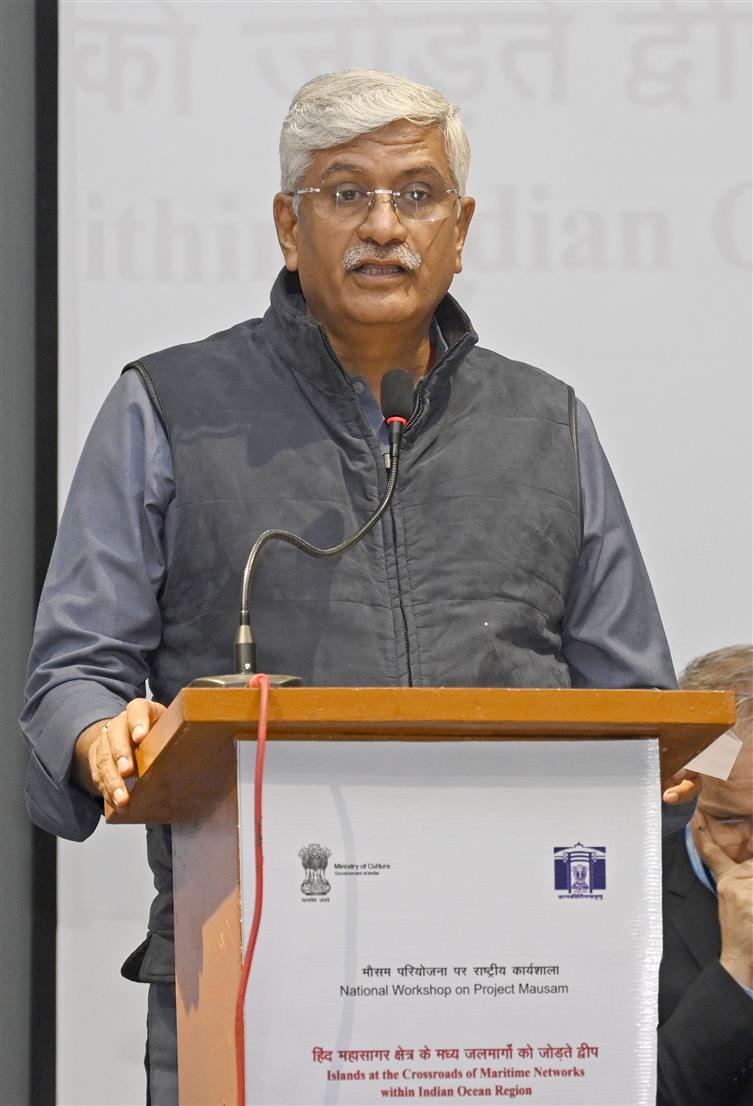 The Union Minister of Culture and Tourism, Shri Gajendra Singh Shekhawat addressing the gathering at the inauguration of National Workshop on Project Mausam – “Islands at the Crossroads of Maritime Networks within Indian Ocean Region’” organized by the Archaeological Survey of India (ASI) at World Heritage Site Museum, in New Delhi on November 18, 2025.