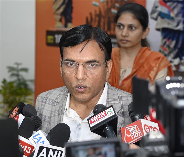 The Union Minister of Labour & Employment and Youth Affairs & Sports, Dr. Mansukh Mandaviya interacting with media during the Press Conference on the National Padayatra which will be held as part of the Sardar@150 Unity March, an initiative by MY Bharat under the Ministry of Youth Affairs & Sports at Major Dhyan Chand National Stadium, in New Delhi on November 19, 2025.