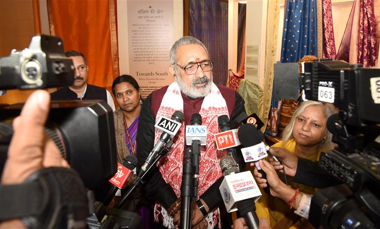 The Union Minister of Textiles, Shri Giriraj Singh interacting with media at the inauguration of the Textile Pavilion at the 44th India International Trade Fair (IITF-2025), in Bharat Mandapam, New Delhi on November 18, 2025.
