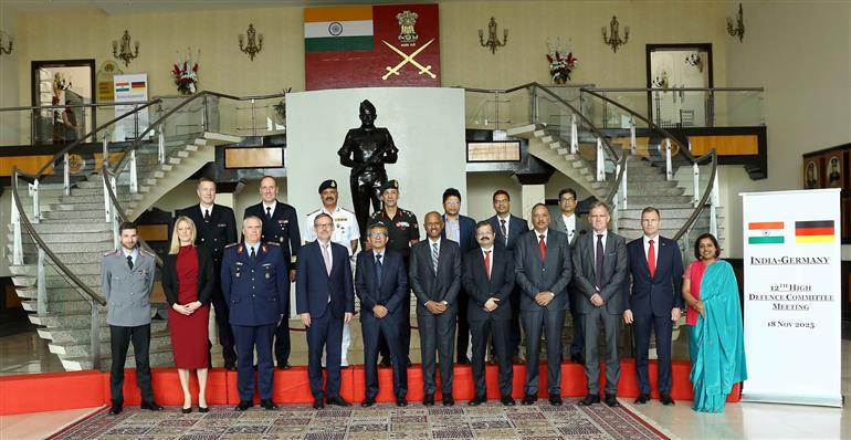 The Defence Secretary, Shri Rajesh Kumar Singh along with the State Secretary, German Ministry of Defence, Mr Jens Plötner in a group photograph during the India-Germany High Defence Committee meeting, in New Delhi on November 18, 2025.