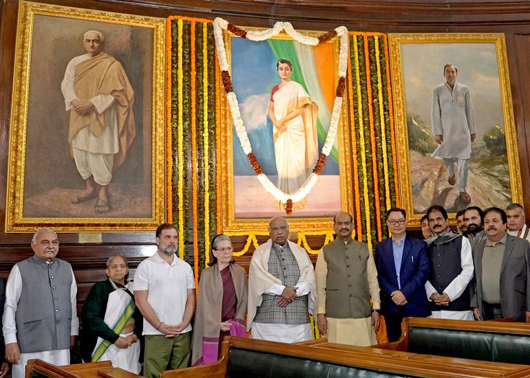 The Speaker of Lok Sabha, Shri Om Birla in a group photograph on the birth anniversary of former Prime Minister Smt. Indira Gandhi at Parliament House, in New Delhi on November 19, 2025.