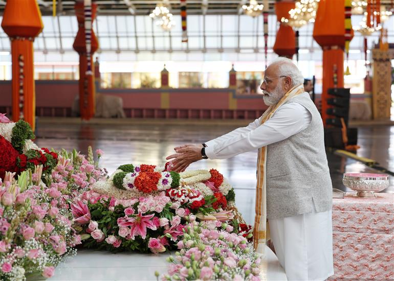 PM paid tribute to Mahasamadhi of Bhagawan Sri Sathya Sai Baba and also visited temple at Puttaparthi, in Andhra Pradesh on November 19, 2025.