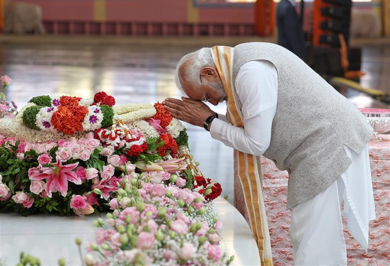 PM paid tribute to Mahasamadhi of Bhagawan Sri Sathya Sai Baba and also visited temple at Puttaparthi, in Andhra Pradesh on November 19, 2025.