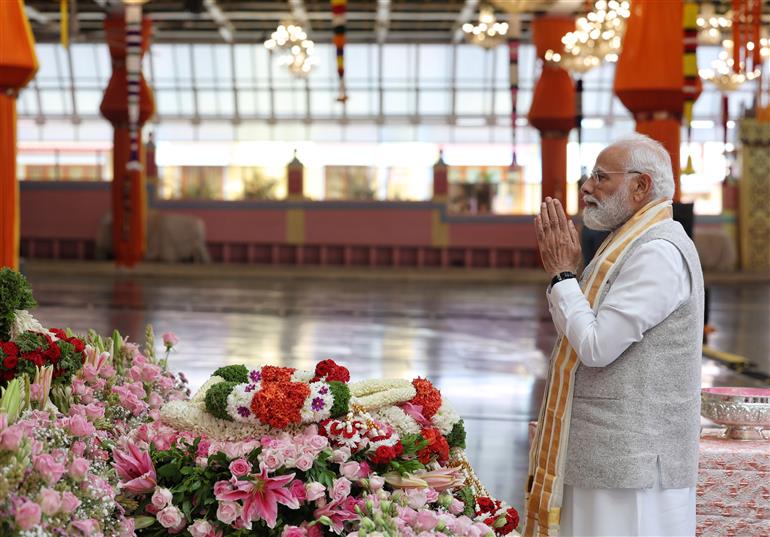 PM paid tribute to Mahasamadhi of Bhagawan Sri Sathya Sai Baba and also visited temple at Puttaparthi, in Andhra Pradesh on November 19, 2025.