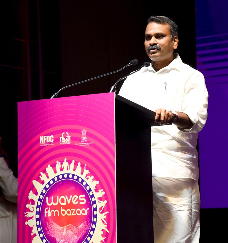 The Minister of State for Information & Broadcasting and Parliamentary Affairs, Dr. L. Murugan addressing at the inauguration of WAVES Film Bazaar at the 56th International Film Festival of India (IFFI), in Goa on November 20, 2025.