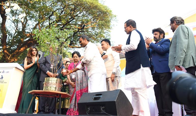 The Minister of State for Information & Broadcasting and Parliamentary Affairs, Dr. L. Murugan IFFI 2025 with the traditional and auspicious watering of the Tulsi plant, following a spectacular Grand Opening Parad, in Panaji, Goa on November 20, 2025.