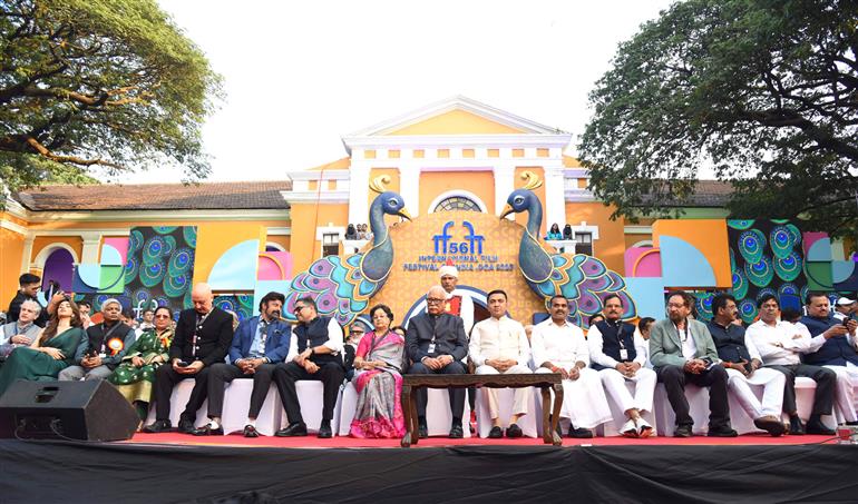 The Minister of State for Information & Broadcasting and Parliamentary Affairs, Dr. L. Murugan, the Governor of Goa, Shri Pusapati Ashok Gajapathi Raju and the Chief Minister of Goa, Dr. Pramod Sawant at the flagging off ceremony of Grand IFFI Parade 56th International Film Festival of India (IFFI), in Panaji, Goa on November 20, 2025.