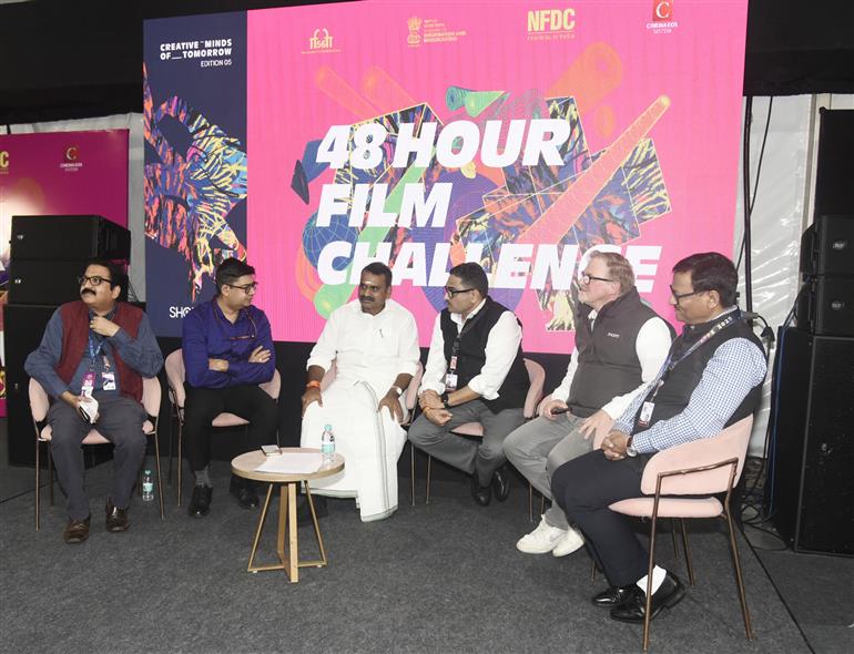 The Minister of State for Information & Broadcasting and Parliamentary Affairs, Dr. L. Murugan at the 48-hour film challenge at the 56th International Film Festival of India (IFFI) at Panaji, in Goa on November 21, 2025.