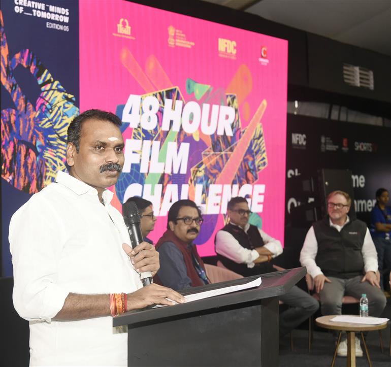 The Minister of State for Information & Broadcasting and Parliamentary Affairs, Dr. L. Murugan addressing at the 48-hour film challenge at the 56th International Film Festival of India (IFFI) at Panaji, in Goa on November 21, 2025.