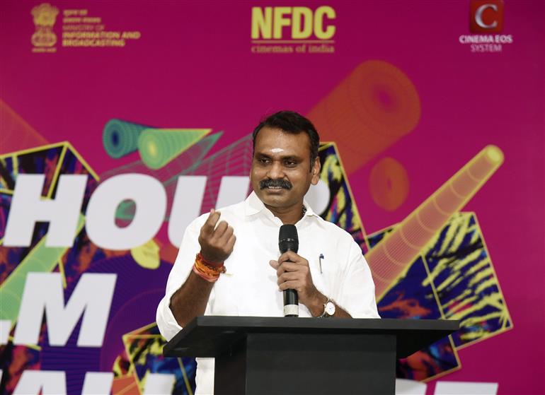 The Minister of State for Information & Broadcasting and Parliamentary Affairs, Dr. L. Murugan addressing at the 48-hour film challenge at the 56th International Film Festival of India (IFFI) at Panaji, in Goa on November 21, 2025.