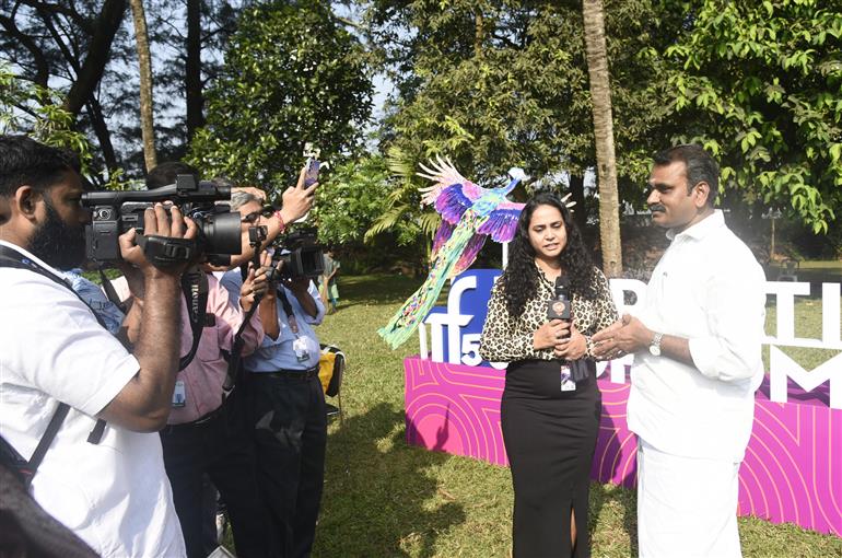 The Minister of State for Information & Broadcasting and Parliamentary Affairs, Dr. L. Murugan interacting with media at the 48-hour film challenge at the 56th International Film Festival of India (IFFI) at Panaji, in Goa on November 21, 2025.