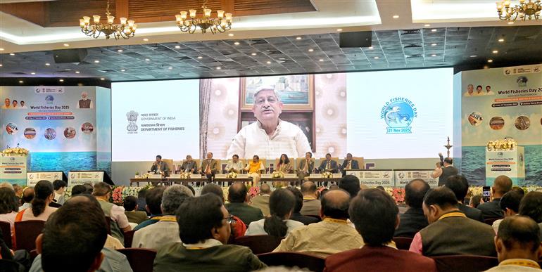 The Union Minister of Panchayati Raj and Fisheries, Animal Husbandry & Dairying, Shri Rajiv Ranjan Singh alias Lalan Singh addressing at the inauguration of World Fisheries Day 2025 via video conferencing, in New Delhi on November 21, 2025.