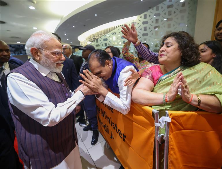 PM receives warm welcome by the Indian community at hotel, in Johannesburg, South Africa on November 21, 2025.