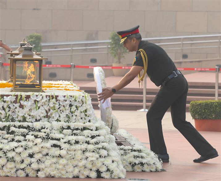 The Director General NCC Lt Gen Virendra Vats lays wreath and pays glowing tributes to the fallen heroes during the 78th Raising Day of the National Cadet Corps at the National War Memorial, in New Delhi, on November 22, 2025.