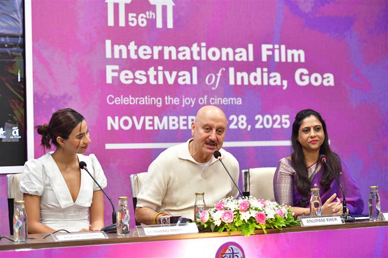 Director and Actor of the Film Tanvi The Great, Anupam Kher , Lead Actress Shubhangi Dutt and other crew addressing at Press Conference on the movie Tanvi The Great at (IFFI-2025), in Goa on November 23, 2025.