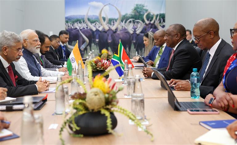 PM in a bilateral meeting with the President of South Africa, Mr. Cyril Ramaphosa on the sidelines of the 20th G20 Leaders’ Summit in Johannesburg, South Africa on November 23, 2025. 