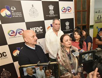 The Director, Eisha Marjara alongwith Director, Anupam Kher and Actor, Joe Balass with Producer, Dolly Ahluwalia at the Red carpet of film “Songs of Adam” during  56th International Film Festival of India (IFFI), in Goa on November 23, 2025.