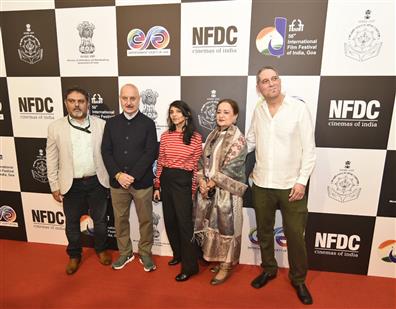 The Director, Eisha Marjara alongwith Director, Anupam Kher and Actor, Joe Balass with Producer, Dolly Ahluwalia at the Red carpet of film “Songs of Adam” during  56th International Film Festival of India (IFFI), in Goa on November 23, 2025.