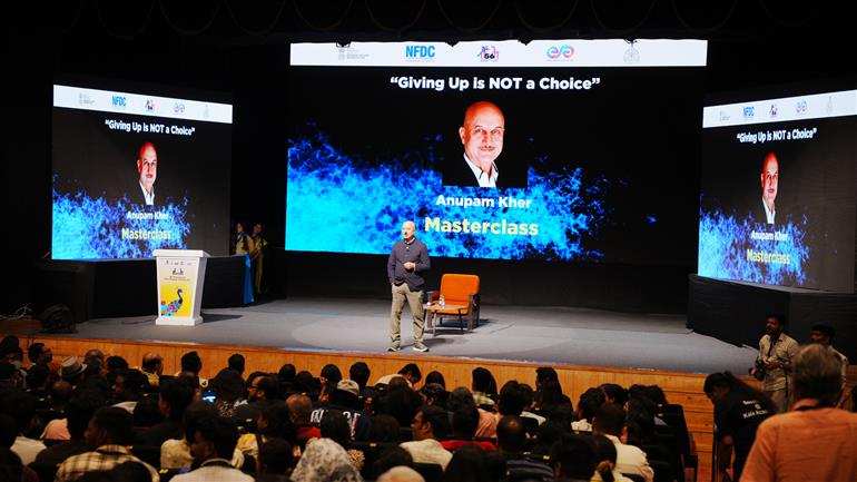 A glimpse of the legendary Actor and Speaker, Anupam Kher addressing the audience for the Masterclass, ‘Giving Up is NOT a Choice’ at Kala Academy, in Goa on November 23, 2025