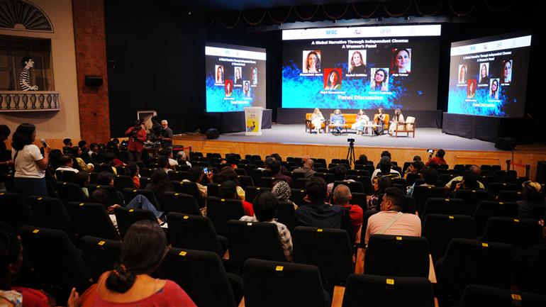 A Global Narrative through Independent Cinema with Meenakshi Jayan, Rajni Basumatary, Fowzia Fathima, and Rachel Griffiths held at Kala Academy, (IFFI -2025), in Goa on November 23, 2025