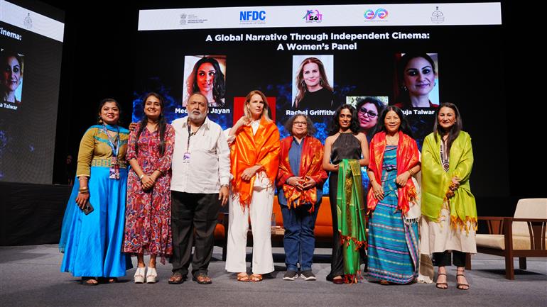 A Global Narrative through Independent Cinema with Meenakshi Jayan, Rajni Basumatary, Fowzia Fathima, and Rachel Griffiths held at Kala Academy, (IFFI -2025), in Goa on November 23, 2025