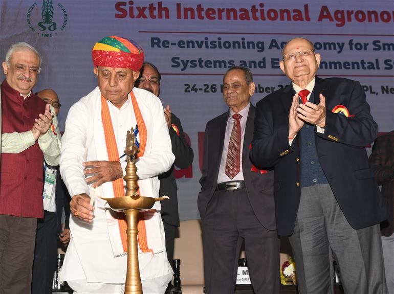 The Minister of State for Agriculture and Farmers Welfare, Shri Bhagirath Choudhary lighting the lamp at the inaugural Ceremony of the Sixth International Agronomy Congress at CSIR-NPL, in New Delhi on November 24, 2025.