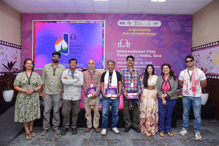 A glimpse of the media persons attending the Press Conference with the Directors Sandesh Kadur, Paresh Mokashi, and Debangkar Borgohain address the media during the press conference for their films ‘Nilgiris - A Shared Wilderness,’ ‘Mukkam Post Bombilwadi,’ and ‘Sikaar’ at the PIB Media Centre (IFFI-2025), in Goa on November 23, 2025.