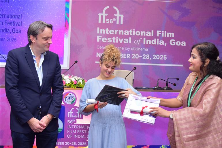 Directors Christina Theresa Tournatzes (Karla) and Hayakawa Chie (Renoir) address the media during a joint Press Conference on their respective films at PIB Media Centre the International Film Festival of India (IFFI) 2025, in Goa on November 23, 2025.