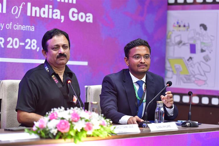 Press Conference for the fascinating films ‘Drushya Adrushya’ (Director: Purushottam Lele) and ‘Piranthanaal Vazhthukal’ (Director: Raju Chandra) at the PIB Media Centre (IFFI 2025), in Goa on November 23, 2025.