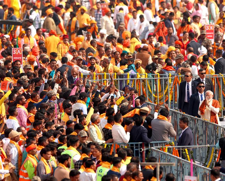 Gathering at Shri Ram Janmbhoomi Mandir Dhwajarohan Utsav, in Ayodhya, Uttar Pradesh on November 25, 2025. PM addressing on the occasion.