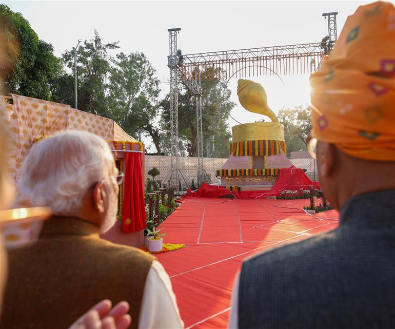 PM inaugurates the newly constructed Panchjanya Memorial in honour of the sacred conch of Lord Krishna at Kurukshetra, in Haryana on November 25, 2025.