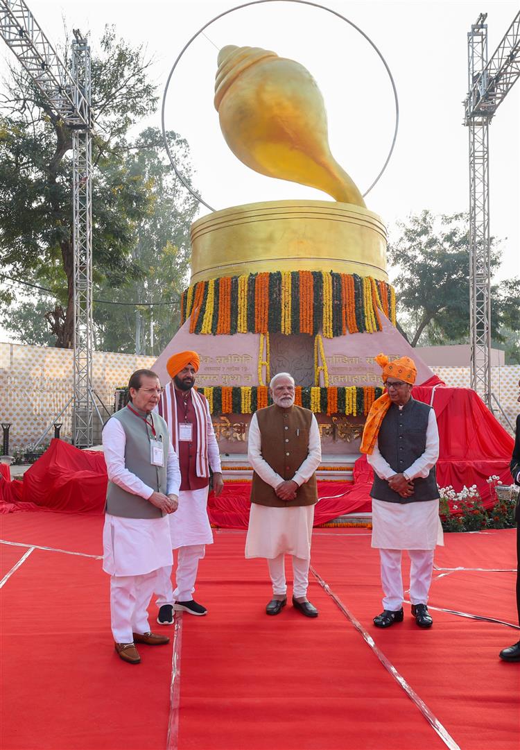 PM inaugurates the newly constructed Panchjanya Memorial in honour of the sacred conch of Lord Krishna at Kurukshetra, in Haryana on November 25, 2025.