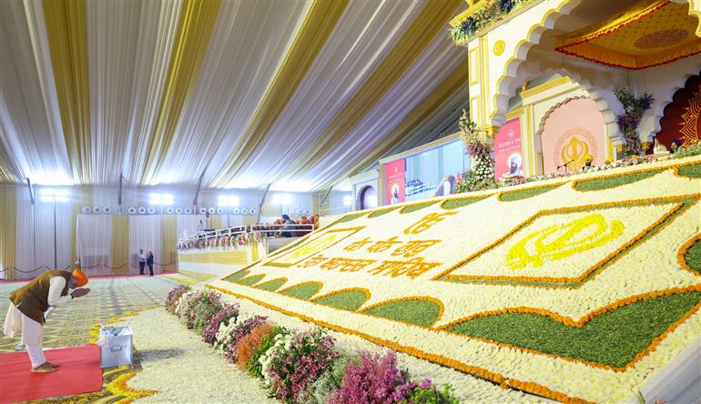 PM pays Tribute on the 350th Shaheedi Diwas of Sri Guru Teg Bahadur ji, at Kurukshetra, in Haryana on November 25, 2025.