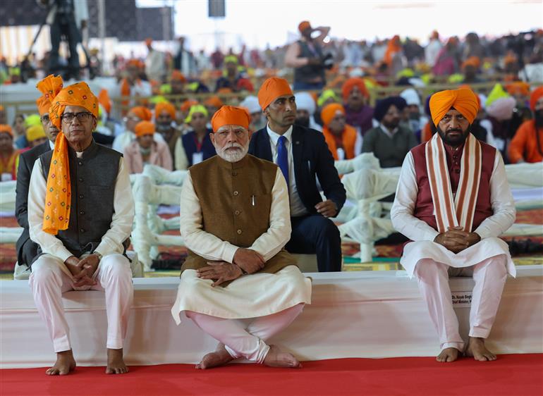 PM participates in a special programme commemorating the 350th Shaheedi Diwas of Guru Tegh Bahadur, the revered ninth Sikh Guru, at Kurukshetra, in Haryana on November 25, 2025.