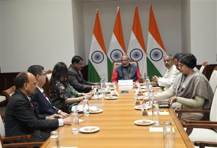 The Union Minister for Tribal Affairs, Shri Jual Oram called on the Vice-President of India, Shri C. P. Radhakrishnan along with senior officials of the Ministry at Parliament House, in New Delhi on November 24, 2025.