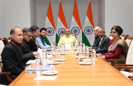 The Union Minister for Civil Aviation, Shri Kinjarapu Rammohan Naidu called on the Vice-President of India and Chairman of Rajya Sabha, Shri C. P. Radhakrishnan along with senior officials of the Ministry at Parliament House, in New Delhi on November 25, 2025.