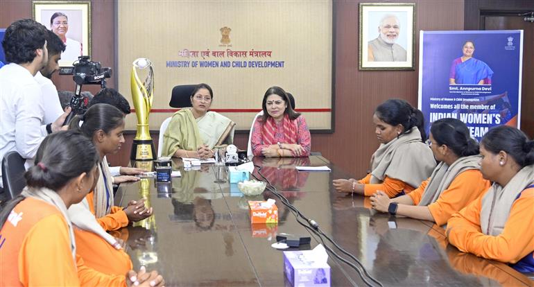 The Union Minister of Women & Child Development, Smt. Annpurna Devi addressing at the felicitation ceremony in honour of the Indian Women’s Cricket Team for the Blind at Shastri Bhawan, in New Delhi on November 26, 2025.