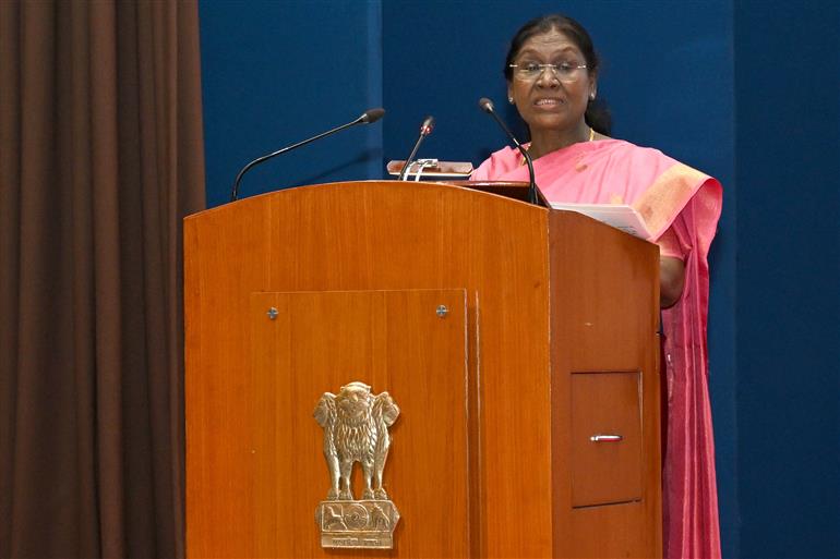 The President of India, Smt Droupadi Murmu addresses the Constitution Day celebrations organised by the Supreme Court of India, in New Delhi on November 26, 2025.