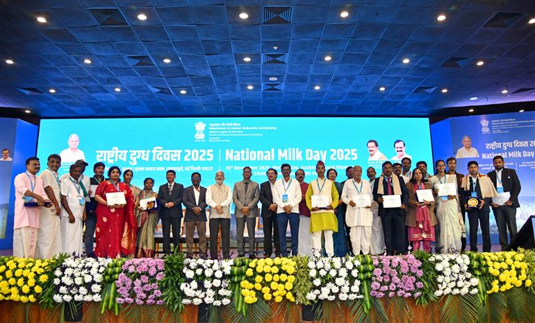The Minister of State for Fisheries, Animal Husbandry & Dairying and Panchayati Raj, Prof. S.P. Singh Baghel attends the celebrations of ‘National Milk Day 2025’ along with the Minister of State for Minority Affairs and Fisheries, Animal Husbandry & Dairying, Shri George Kurian held at Sushma Swaraj Bhawan, in New Delhi on November 26, 2025.