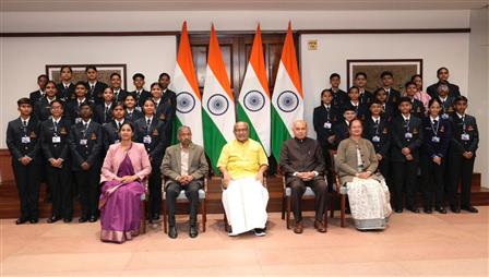 The Vice President of India, Shri C. P. Radhakrishnan in a group photograph with the students and faculty of Rashtriya Military School, Ajmer, at Parliament House, in New Delhi on November 27, 2025.