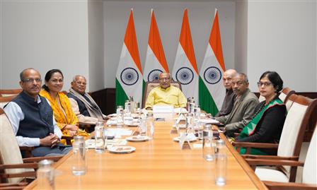 The Union Minister of Micro, Small and Medium Enterprises (MSME), Shri Jitan Ram Manjhi and Minister of State, Ms Shobha Karandlaje, along with senior officials of the Ministry, called on the Vice President of India, Shri C. P. Radhakrishnan at Parliament House, in New Delhi on November 27, 2025.